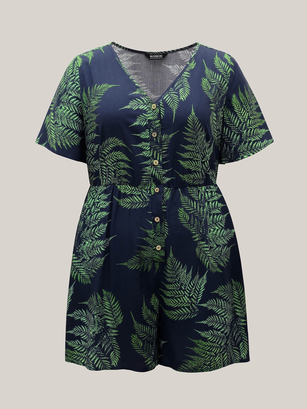 Navy & Green Fern Print V-Neck Short Jumpsuit - Picture 2 of 6
